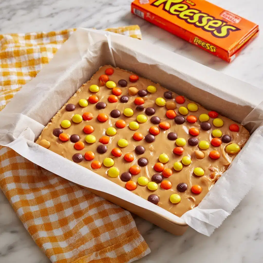 Chewy REESE'S PIECES Peanut Butter Brownies Recipe - Recipe Image