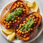 Baked Sweet Potatoes w/ Chickpeas & Broccoli Pesto Recipe