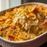 Pour the chicken mixture into your prepared baking dish, smoothing it into an even layer Recipe