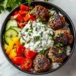 Greek Meatball Bowl with Tzatziki, Rice & Fresh Veggies Recipe