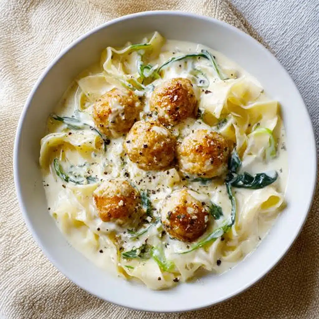 Chicken Meatballs with Cheesy Spinach Pappardelle Recipe - Recipe Image