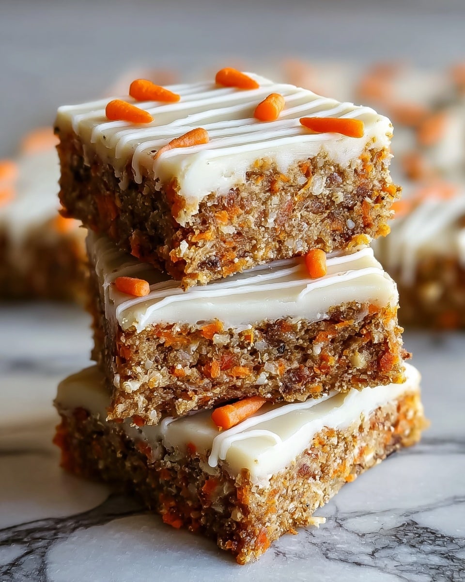 Three square pieces of carrot cake bars are stacked on top of each other, each bar showing a dense, moist texture filled with visible orange carrot shreds and small specks of nuts or spices. The bottom layer is a slightly darker brown cake base, topped by a thick layer of smooth white cream cheese frosting. The top layer of frosting is decorated with thin, white zigzag lines of icing and small orange carrot-shaped sprinkles. The bars rest on a surface with a white marbled texture. The photo taken with an iphone --ar 4:5 --v 7