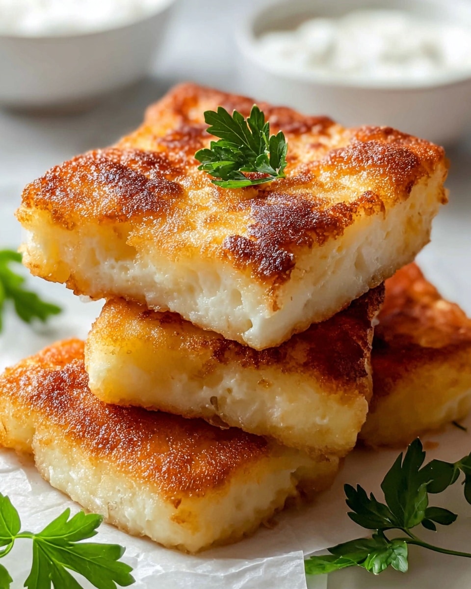 The image shows a stack of three thick, square-shaped fried cheese pieces on a white plate. Each piece has a golden-brown crispy crust with bubbly and slightly uneven texture on top, while the inside looks soft and white with a slightly spongy texture. The top piece is decorated with a small green parsley sprig in the center, adding a fresh contrast. The background is softly blurred with a white marbled texture, focusing attention on the crispy, warm cheese stack. photo taken with an iphone --ar 4:5 --v 7