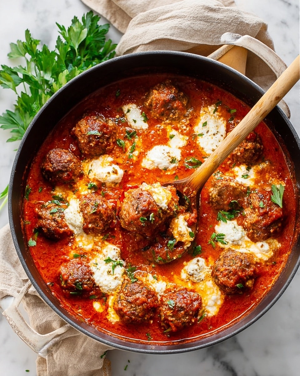 The image shows two white pans on a white marbled surface, each filled with meatball dishes. The left pan has two layers: a base of chunky red tomato sauce with bits of herbs, topped with evenly spread browned meatballs that look juicy and slightly crispy on the outside. The right pan also has two layers: a creamy orange sauce with oil spots and herbs mixed through, covered by dollops of white cream or cheese and scattered browned meatballs partially submerged in the sauce, garnished with chopped green herbs. The colors are warm and rich, highlighting the textures and freshness of the sauces and meatballs. Photo taken with an iphone --ar 4:5 --v 7