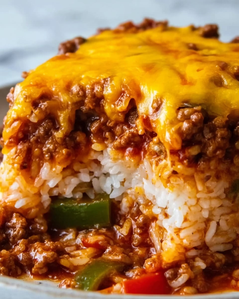 A close-up view of a rice dish with visible layers, starting with a bottom layer of fluffy white rice mixed with bits of green and red bell peppers. On top of the rice is a thick layer of cooked ground beef mixed with tomato sauce, giving it a rich reddish-brown color and slightly chunky texture. The top layer is melted yellow cheese, spread evenly and bubbling, with some parts slightly browned. A portion has been scooped out, showing the layers clearly. The background is a white marbled surface. photo taken with an iphone --ar 4:5 --v 7