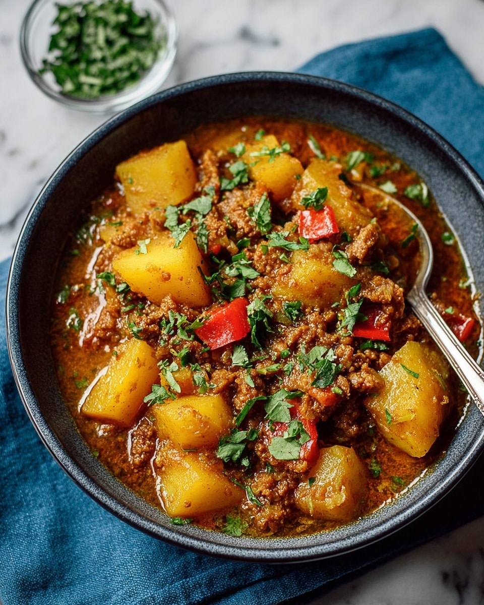 A close-up of a black bowl filled with a thick stew made of browned minced meat and large, chunky yellow potato pieces mixed with small bits of red tomato and orange spices, topped with fresh green cilantro leaves scattered across the top. The bowl sits on a folded blue cloth on a white marbled surface, and a silver spoon rests inside the bowl on the right side. In the blurred background, there is a small glass bowl with chopped green herbs. photo taken with an iphone --ar 4:5 --v 7