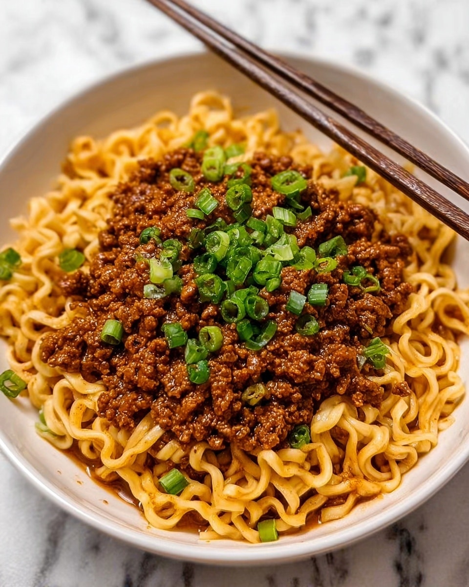 A white bowl filled with cooked noodles that are light brown and slightly glossy, topped with a generous layer of cooked minced meat that is dark brown and crumbly. On top of the meat, there are fresh chopped green onions scattered, adding a bright green color contrast. A metal spoon rests inside the bowl, partially visible. The bowl is set on a white marbled surface. Photo taken with an iphone --ar 4:5 --v 7