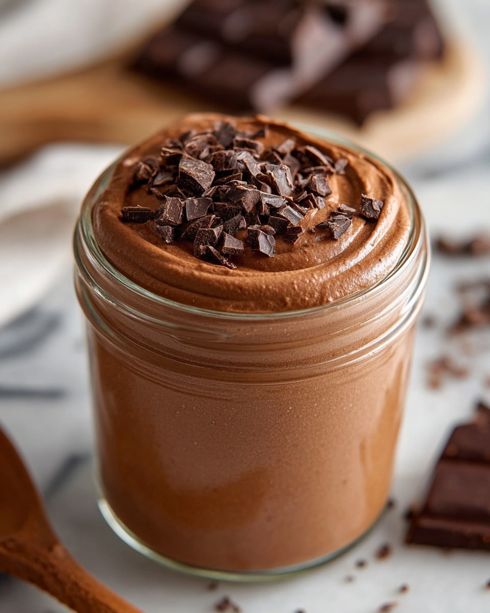A close-up of a clear glass jar filled with a thick, smooth, dark brown chocolate mousse that rises slightly above the jar's rim with a swirl texture on top; the mousse is garnished with uneven chunks of dark chocolate scattered over it; the background features pieces of dark chocolate and a wooden spoon lying on a white marbled surface. photo taken with an iphone --ar 4:5 --v 7