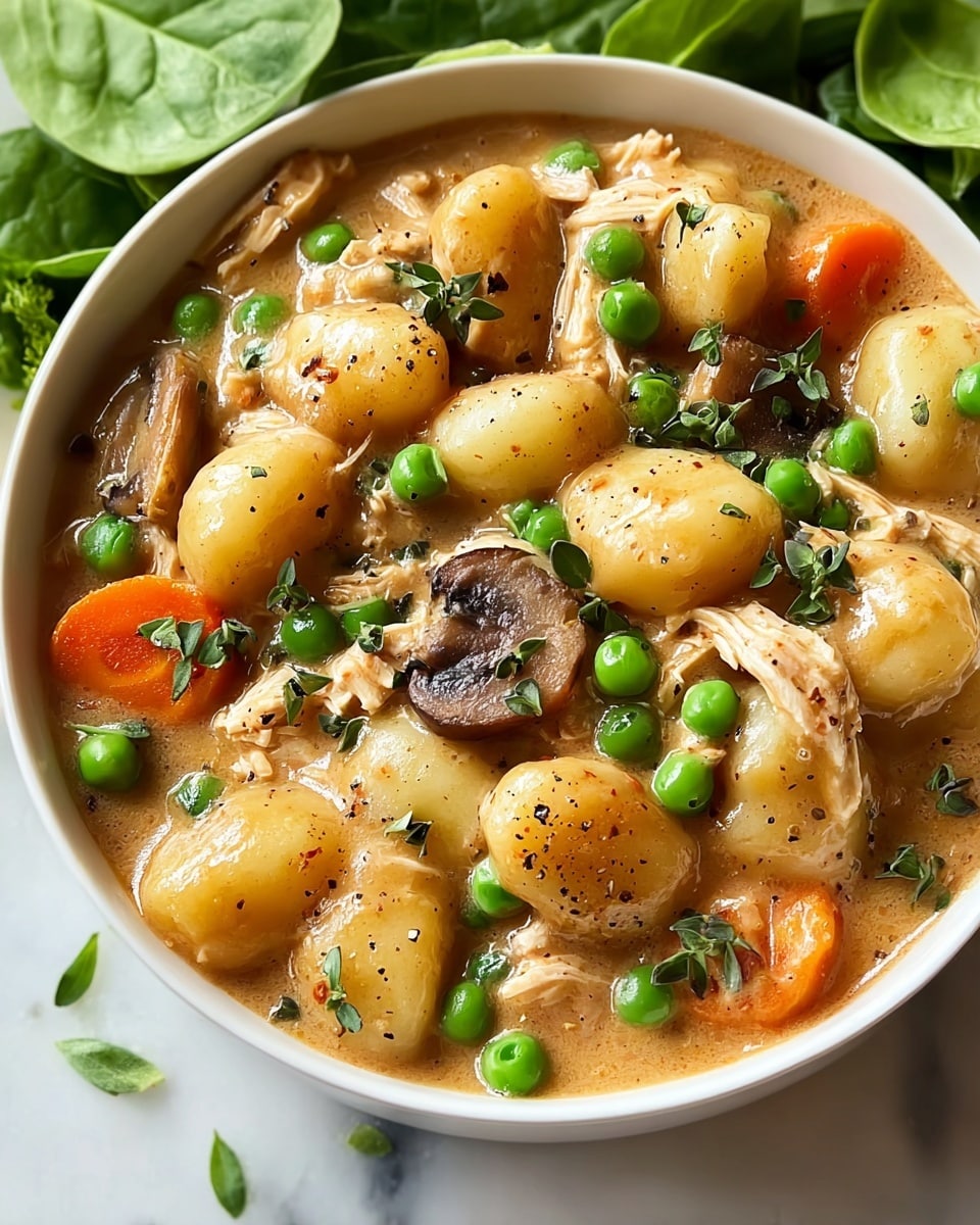 A white bowl filled with a creamy stew showing three main layers: the base is a smooth, light brown sauce that has a shiny, thick texture; on top of this, there are soft, golden gnocchi-like dumplings, bright green peas, pale orange carrot slices, brown mushrooms, and small chunks of shredded chicken scattered evenly; the surface of the stew is sprinkled lightly with black pepper and bits of green herbs; in the background, fresh dark green spinach leaves create contrast against the stew; the bowl sits on a white marbled textured surface. photo taken with an iphone --ar 4:5 --v 7