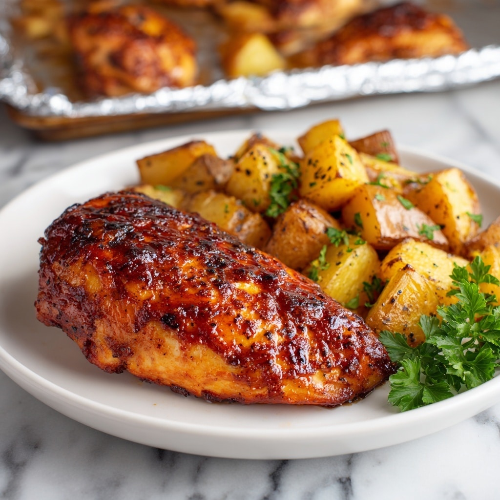 A white plate with a large, glossy honey glaze chicken breast covering most of the left side, showing a textured, browned surface with some darker roasted spots; on the right side of the plate, there is a pile of golden-brown roasted potato chunks with a soft, slightly crispy texture, sprinkled with black pepper and seasoning; a small bunch of fresh green parsley is placed near the bottom right edge of the plate; in the background, a sheet pan lined with foil holds more roasted chicken breasts and potato pieces; all is set on a white marbled surface. photo taken with an iphone --ar 4:5 --v 7