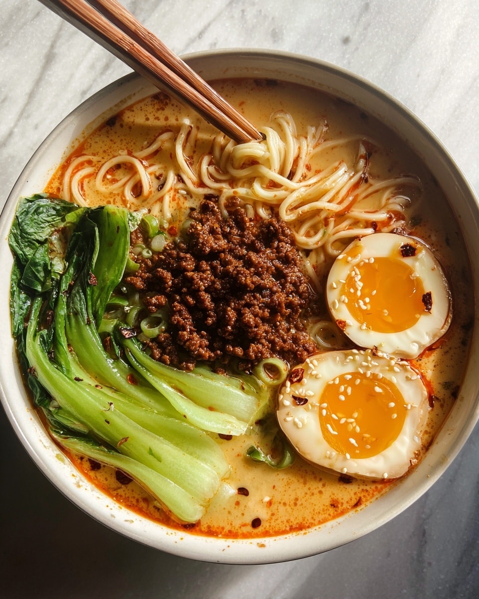 A bowl of ramen with a rich, creamy orange broth fills the base, topped with smooth, pale white noodles gathered neatly on the left side. On top of the noodles, there is a layer of dark brown minced meat with a slightly crispy texture. Below the meat, two halves of a soft-boiled egg with golden yellow yolks are sprinkled with white sesame seeds and a drizzle of red chili oil. On the right side, bright green bok choy leaves add freshness and color contrast, resting partially in the broth. The bowl is white with a rustic speckled edge, sitting on a white marbled surface, with wooden chopsticks held by a woman's hand picking up some noodles. Photo taken with an iphone --ar 4:5 --v 7