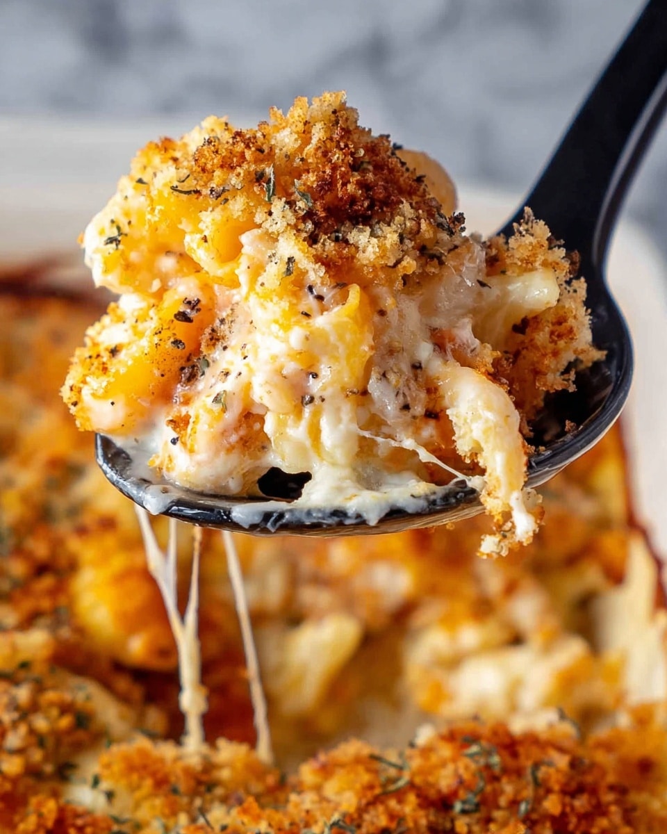 The image shows a close-up of a black spoon holding a scoop of baked dish with multiple visible layers. The top layer is a golden brown, crispy crust with a crumbly texture. Below that is a bright orange layer, likely soft and slightly saucy. Underneath, there is a creamy white layer with melted cheese that shows some bubbling and slight browning, mixed with small bits of black pepper. The whole mixture appears rich and gooey with a mix of textures from crunchy to soft. The background consists of more of the same dish in a container, placed on a white marbled surface. Photo taken with an iphone --ar 4:5 --v 7