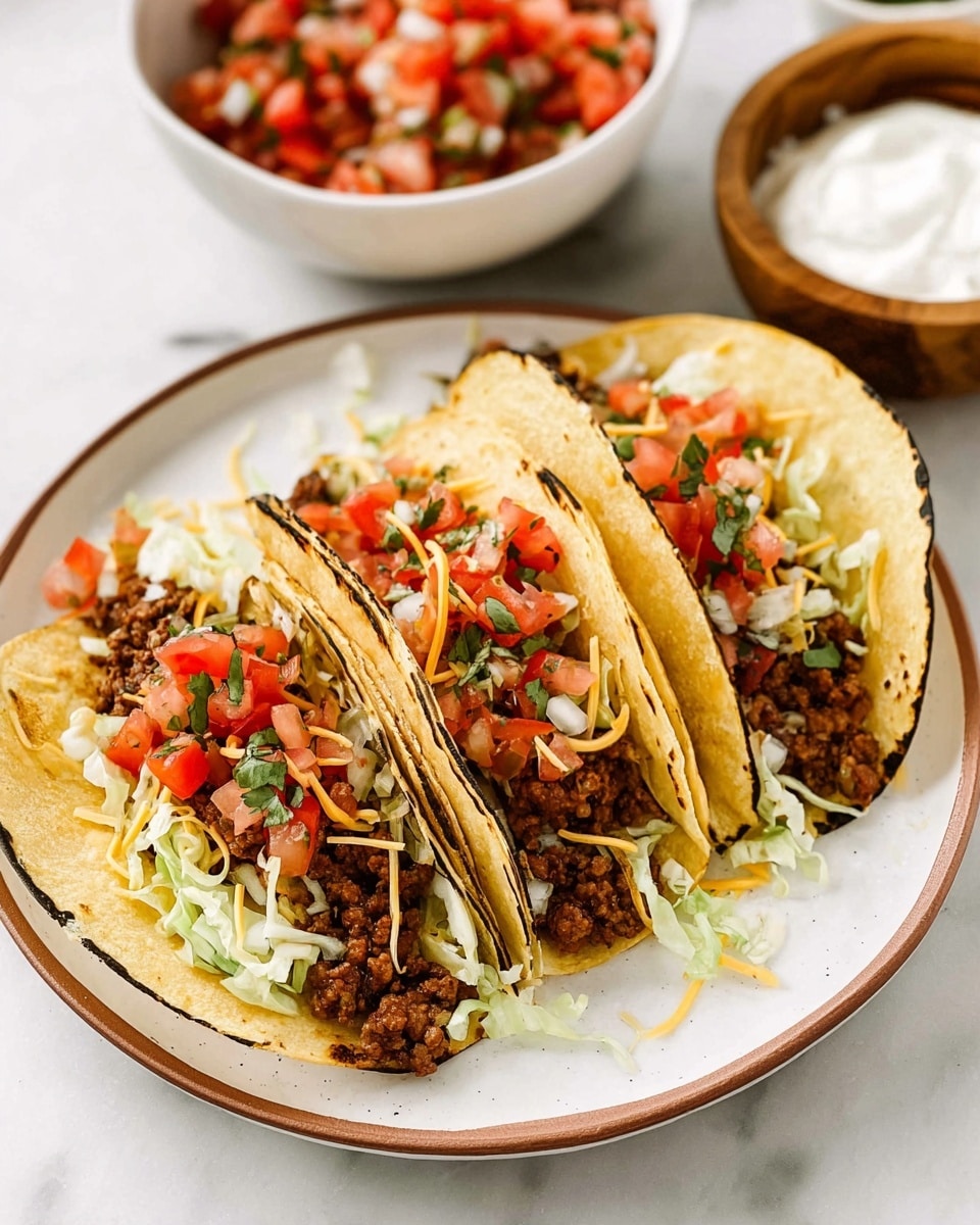 Three corn tortillas with light charring are folded on a white plate with a thin brown rim, each filled with layers starting with shredded pale green lettuce, topped with brown cooked ground meat, bright red diced tomatoes mixed with white onion pieces and green herbs, and finished with a sprinkle of yellow and white shredded cheese. Above the plate, two bowls are visible: one white bowl with a fresh tomato and onion salsa, and a wooden bowl filled with creamy white sour cream, all placed on a white marbled surface. photo taken with an iphone --ar 4:5 --v 7