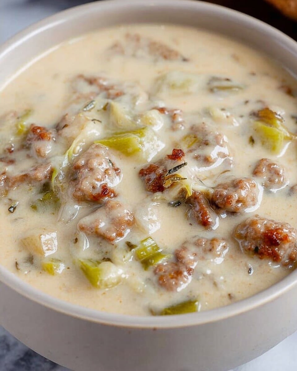 A close-up view of a creamy soup served in a white bowl, filled to the top with a thick pale yellow base that looks smooth and rich. Inside the soup, there are visible chopped green pepper pieces that add a fresh green color and small brown crispy bits that appear to be bacon or fried onions. The creamy texture contrasts with the chunky ingredients, showing a mix of soft and crunchy textures on the surface. The bowl sits on a white marbled surface, and the lighting highlights the glistening creaminess of the soup. Photo taken with an iphone --ar 4:5 --v 7