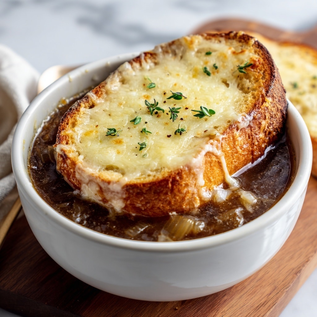 A white bowl filled with dark brown, rich onion soup is topped with a large, oval piece of toasted bread covered in melted golden cheese that has a bubbly texture and slightly browned edges; small green herb leaves are scattered on top of the cheese, adding fresh color contrast. The bowl has two small handles on the sides and rests on a white marbled surface. photo taken with an iphone --ar 4:5 --v 7
