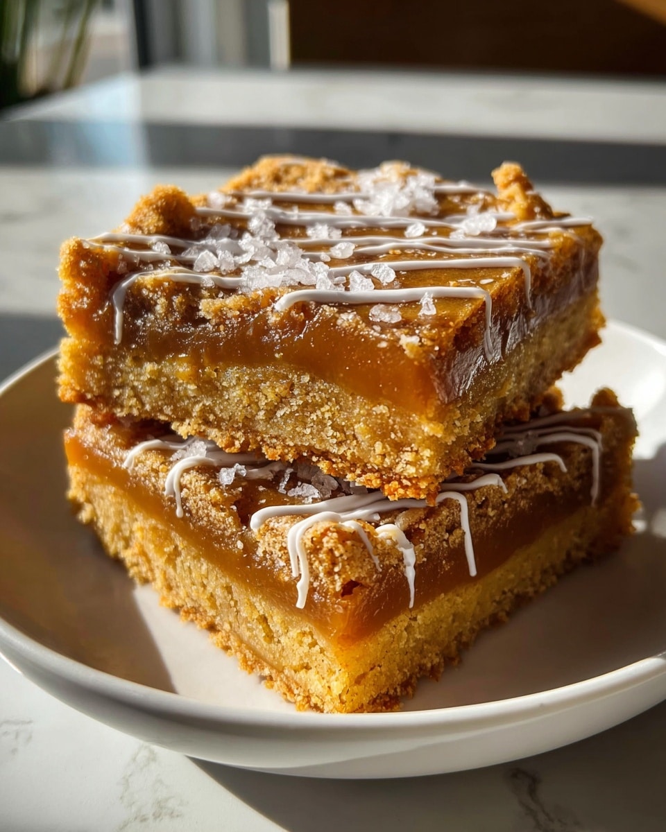The image shows two square dessert bars on a white plate with a close-up view. Each bar has three visible layers: a thick bottom crust that is golden brown and crumbly, a middle layer of smooth, glossy caramel in a medium amber color, and a top layer of a slightly darker, moist cake with a crumbly texture. The top is decorated with thin white drizzle lines and sprinkled with coarse white salt flakes, catching the light. The background is a white marbled texture, and sunlight shines on the bars, creating soft shadows and highlights. Photo taken with an iphone --ar 4:5 --v 7