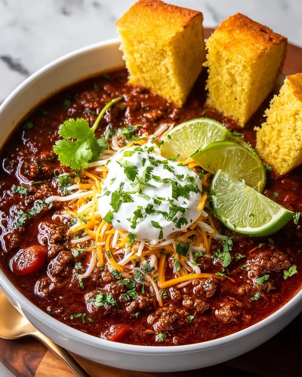 A white bowl filled with rich, dark red chili that has visible ground meat and chunks of tomato. On top of the chili is a generous layer of shredded yellow and white cheese, a dollop of white sour cream, and a sprinkle of chopped green cilantro. Two bright green lime wedges rest on one side of the bowl. Surrounding the bowl are thick slices of golden cornbread with a crumbly texture. The bowl sits on a wooden surface over a white marbled texture background with a brass spoon nearby. Photo taken with an iphone --ar 4:5 --v 7