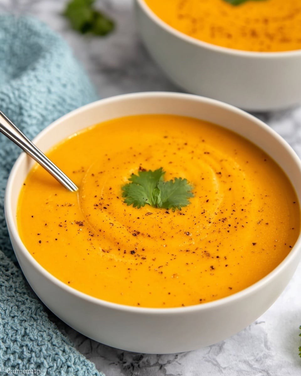 A white bowl filled with smooth, thick orange soup that has a creamy texture visible on the surface, lightly sprinkled with black pepper. In the center, a single bright green cilantro leaf sits as garnish. A silver spoon rests inside the bowl on the left side, and the bowl is placed on a white marbled textured surface. In the background, there is a blurred second bowl with the same soup and part of a light blue textured cloth is visible on the left side. photo taken with an iphone --ar 4:5 --v 7