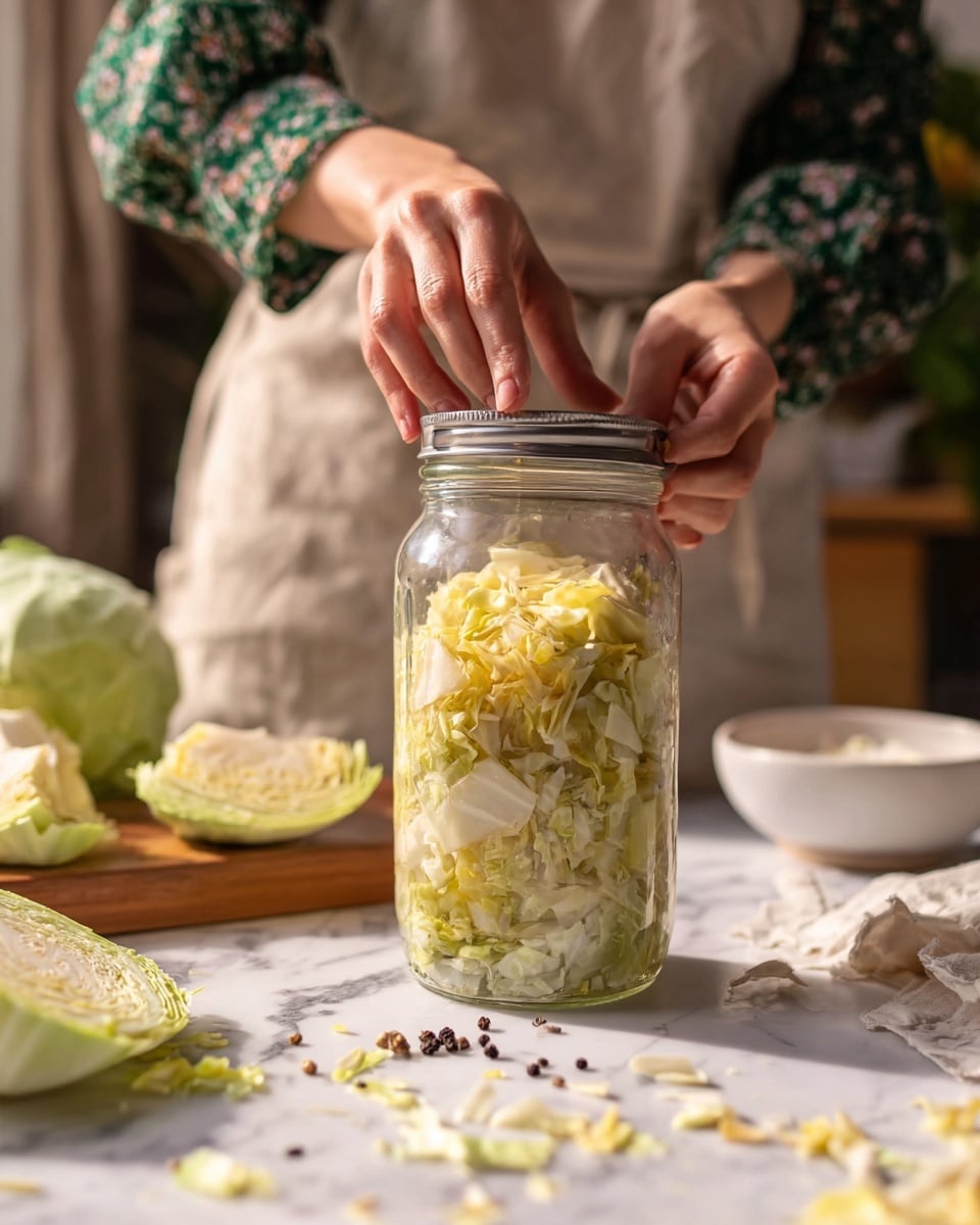 A clear glass jar filled with layers of chopped light yellow and pale green cabbage mixed with liquid, showing a slightly wet and soft texture inside, is being sealed with a metal lid by a woman's hand. The jar sits on a white marbled surface scattered with small pieces of cabbage, black peppercorns, and other vegetable bits. In the background, there are cut quarters of cabbage on a wooden board and a white bowl, with the scene softly lit by natural light. The person sealing the jar wears a green floral patterned top and a beige apron. photo taken with an iphone --ar 4:5 --v 7