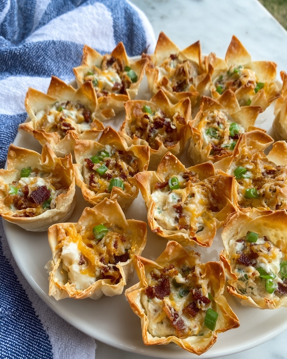 The image shows a clear glass bowl filled with a creamy mixture that has visible bits of green, yellow, and brown ingredients mixed throughout, giving it a speckled texture. The mixture looks thick and creamy, with small pieces of what appear to be chopped green herbs or vegetables, shredded yellow cheese, and possibly bits of cooked bacon or sausage. In the background, there is a white muffin tray lined with crispy, light golden-brown wonton wrappers, and a green jalapeño is seen on a white marbled surface. A blue and white striped towel is partially visible to the side of the bowl. photo taken with an iphone --ar 4:5 --v 7