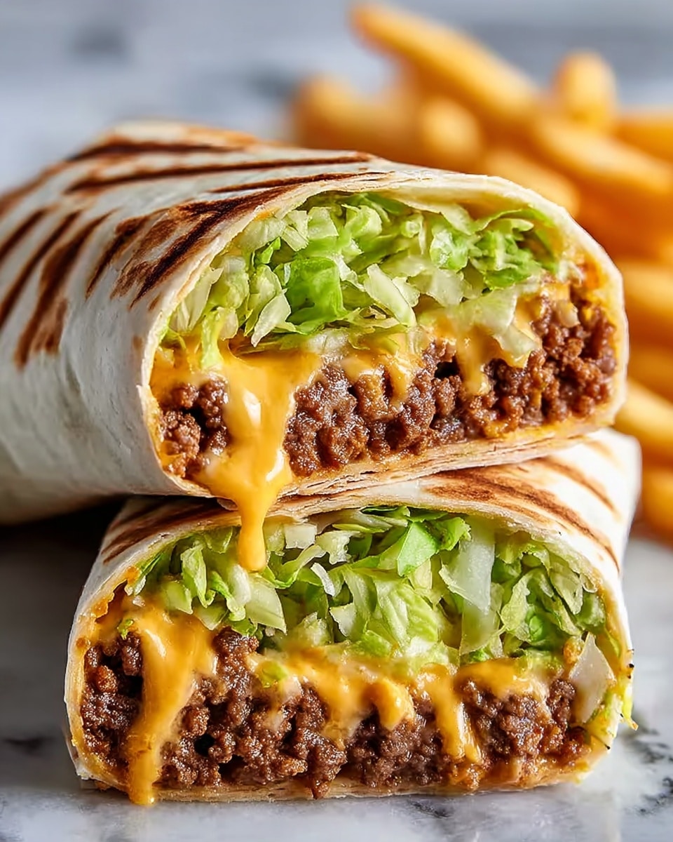 The image shows two halves of a burrito stacked on a white marbled surface. Each half is wrapped in a grilled white tortilla with brown grill marks on the outside. Inside, there are three visible layers: the bottom layer is cooked ground meat in dark brown color, the middle layer is melted yellow cheese sauce that drips slightly, and the top layer is fresh, bright green shredded lettuce. In the background, out of focus, there are golden French fries. photo taken with an iphone --ar 4:5 --v 7