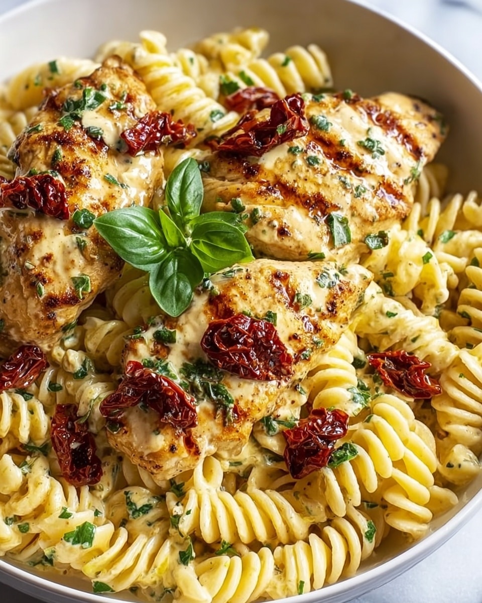 A white bowl filled with two pieces of creamy grilled chicken breast placed on top of a layer of twisted rotini pasta coated in a light yellow sauce with green herb specks. The chicken is garnished with small pieces of dried red chili flakes and green herbs, with a fresh green basil leaf resting at the center for decoration. The pasta beneath is swirled and glossy, and the dish is visually appealing with a mix of creamy textures and vibrant colors. photo taken with an iphone --ar 4:5 --v 7