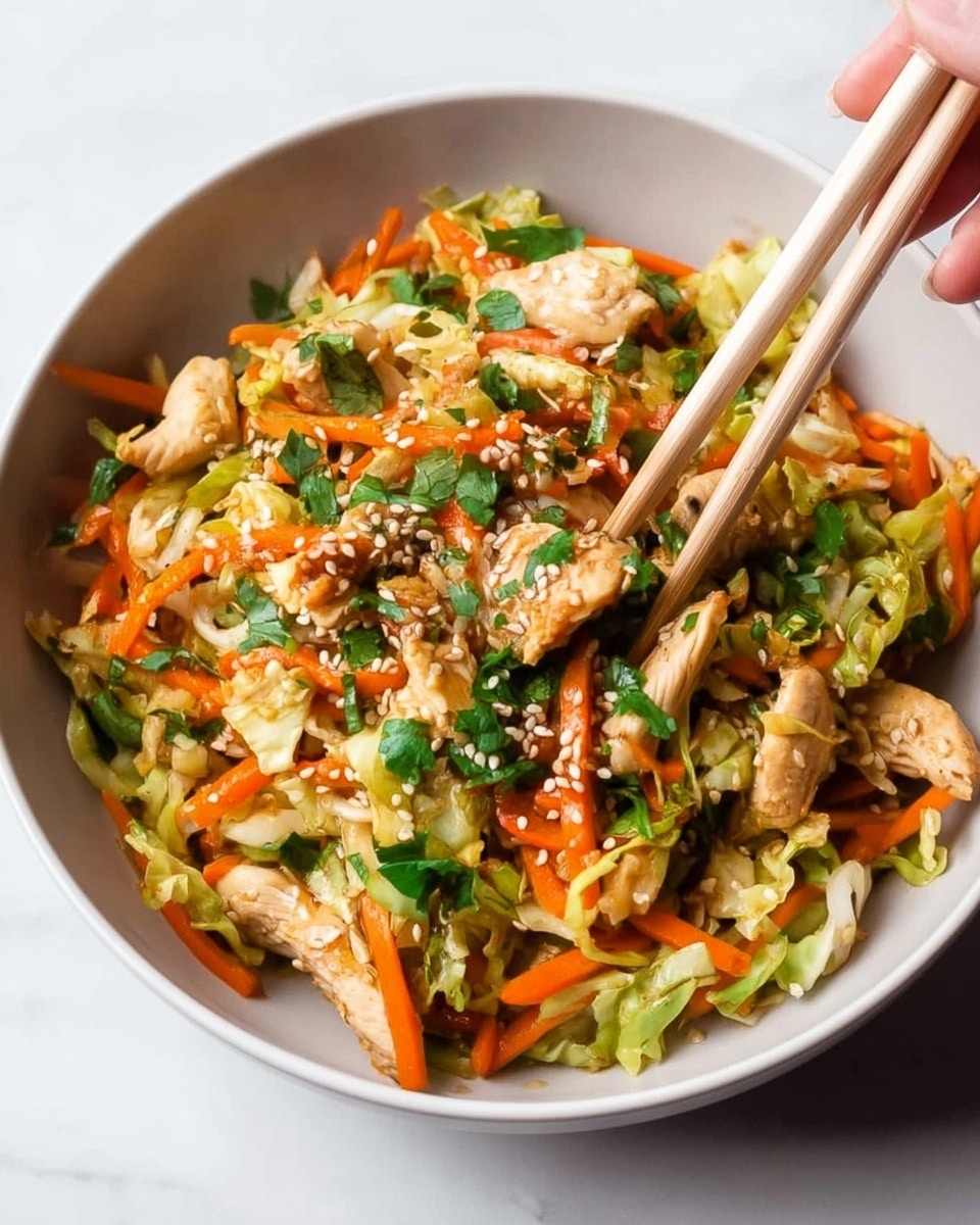 A white bowl filled with a colorful chicken stir-fry that has a mix of light brown chicken pieces, bright orange carrot slices, green leafy herbs, and small white sesame seeds scattered on top. The dish is layered with tender vegetables and chicken chunks, all mixed together with a light sauce giving a slight shine. Two light wooden chopsticks grip some carrot and chicken from the right side of the bowl. The bowl sits on a white marbled surface. photo taken with an iphone --ar 4:5 --v 7