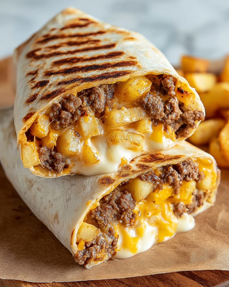 A close-up of two halves of a burrito stacked on top of each other on a white marbled surface, showing three visible layers inside: the outer tortilla wrap which is light beige with toasty brown grilled marks, a middle layer of melted golden yellow cheese mixed with some creamy white cheese, and an inner layer filled with browned ground beef and light golden-brown potato chunks seasoned with visible spices. The edges of the filling are slightly oozing out from the cut ends, highlighting the gooey texture of the cheese and the crumbly texture of the beef and potatoes. Photo taken with an iphone --ar 4:5 --v 7