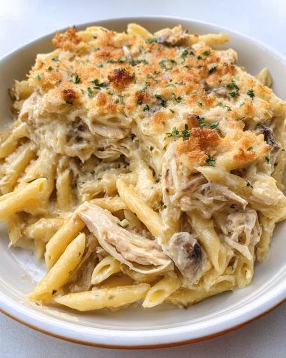 A white dish filled with three layers: the bottom layer contains creamy pasta with a pale yellow color, the middle layer shows shredded pieces of chicken mixed evenly, and the top layer is sprinkled with small green herb bits, all mixed together softly with a creamy texture. Photo taken with an iphone --ar 4:5 --v 7