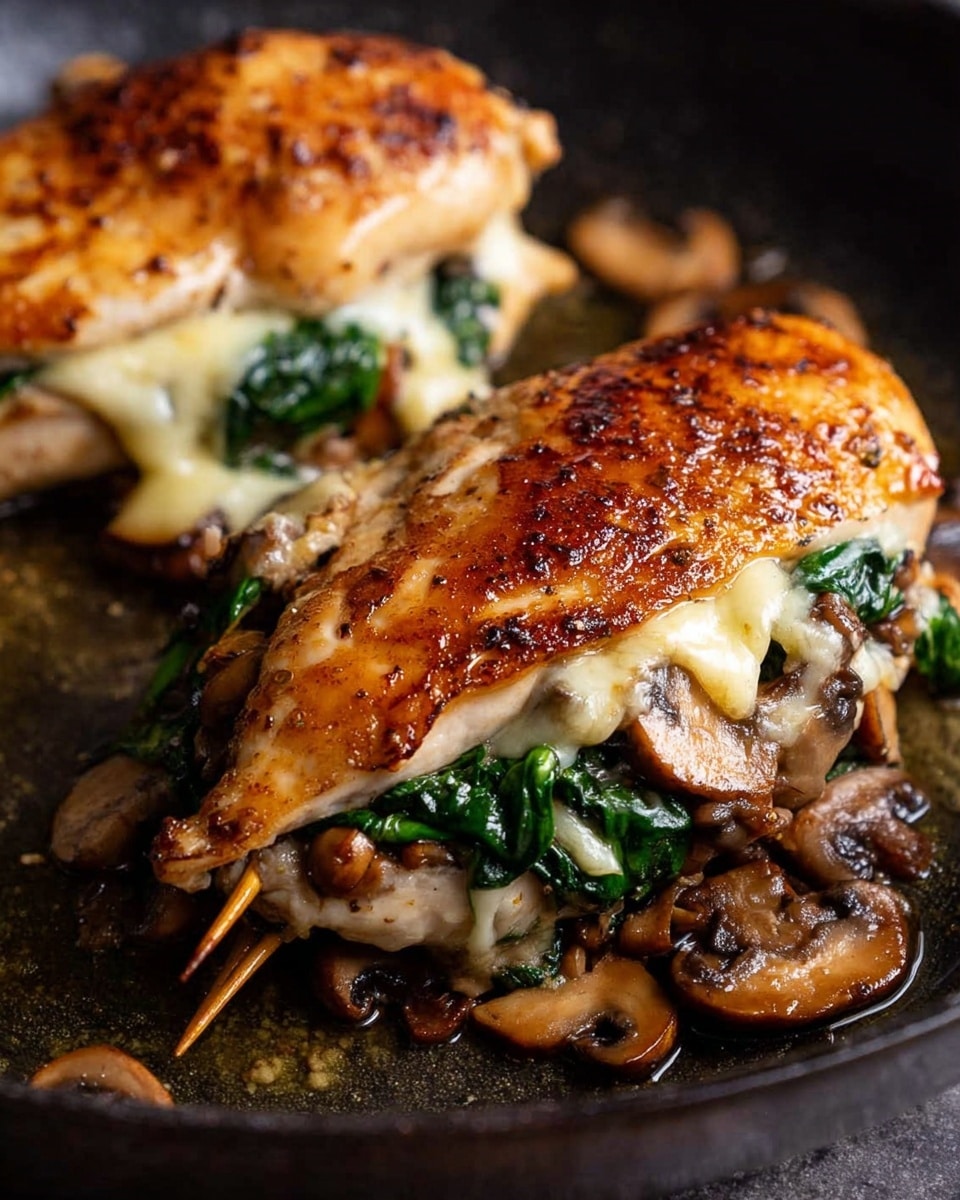 The image shows a rolled roast tied with string, cooked to a golden brown on the outside, sitting on a wooden board with slices placed beside it. Inside the slices, there is a visible layer of white with a swirl of dark brown and mushrooms. Around the board, several cooked mushrooms with a slightly shiny texture are scattered. A white spoon with sauce and some dark brown drops is placed on the top left corner. The background is a white marbled texture. Photo taken with an iphone --ar 4:5 --v 7