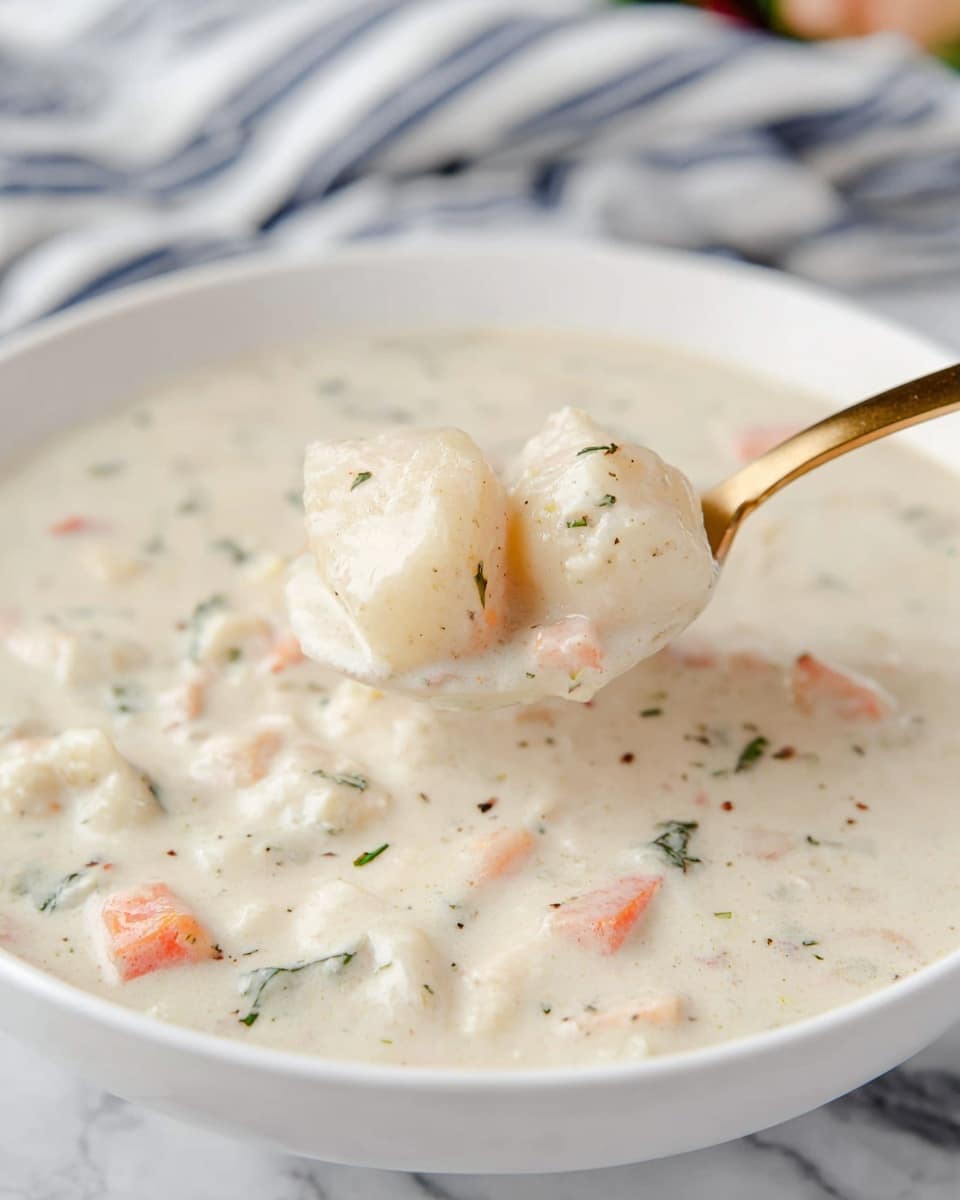 Two white bowls on a white marbled surface each hold a creamy, thick soup with a light beige base. The soup contains small round gnocchi, thin orange carrot strips, green spinach leaves, and some dark specks of seasoning scattered throughout. A striped blue and white cloth is softly draped behind the bowls. In the foreground, two golden spoons rest on the surface close to the closest bowl. The lighting is soft and natural. Photo taken with an iphone --ar 4:5 --v 7