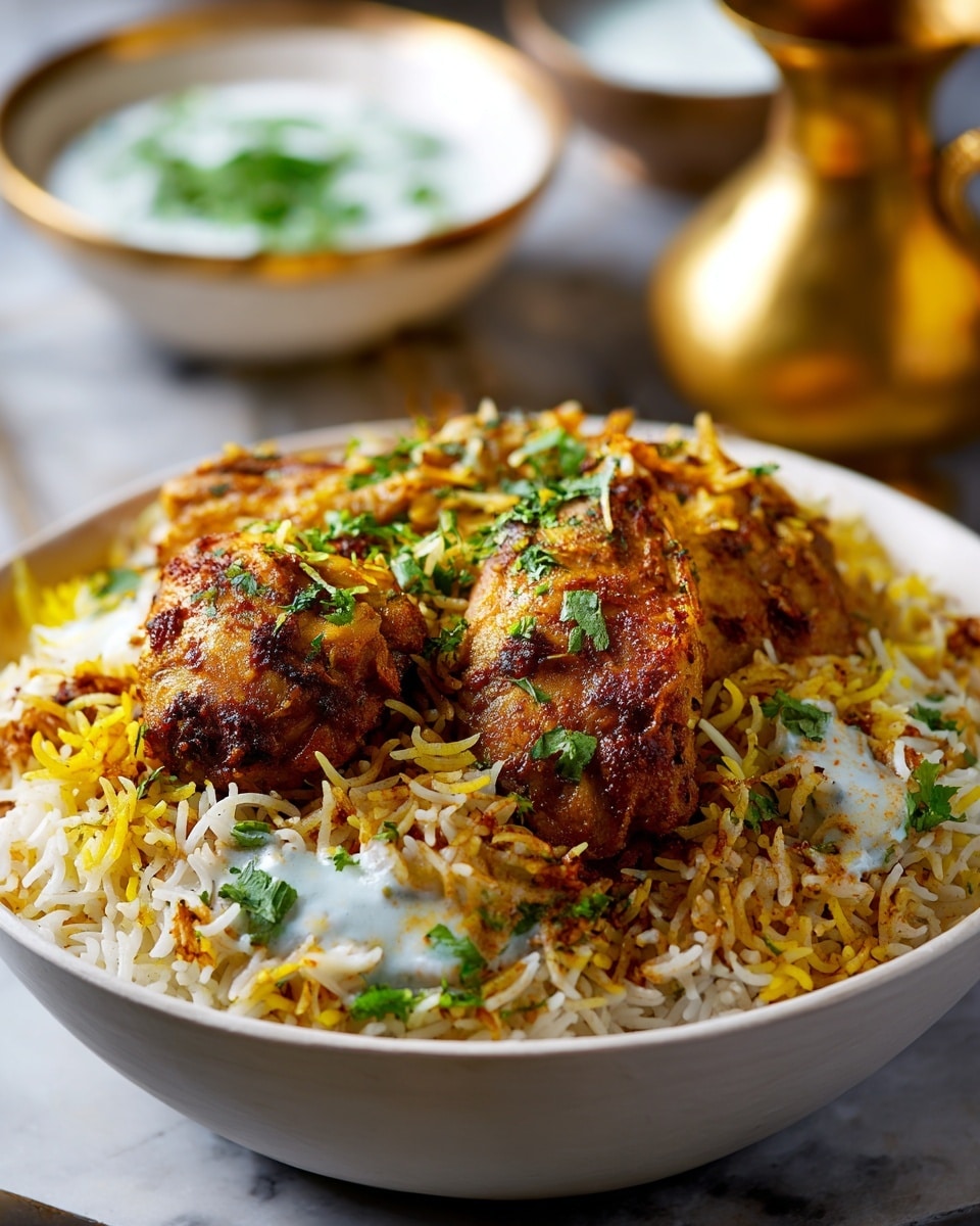 A white bowl filled with a layer of yellow and white mixed basmati rice, topped with two pieces of brown, spiced chicken showing a slightly crispy texture, and sprinkled with green chopped herbs. Small white creamy spots are visible among the rice, adding contrast. In the blurred background, a white bowl with green garnish and a golden jug rest on a white marbled texture. photo taken with an iphone --ar 4:5 --v 7