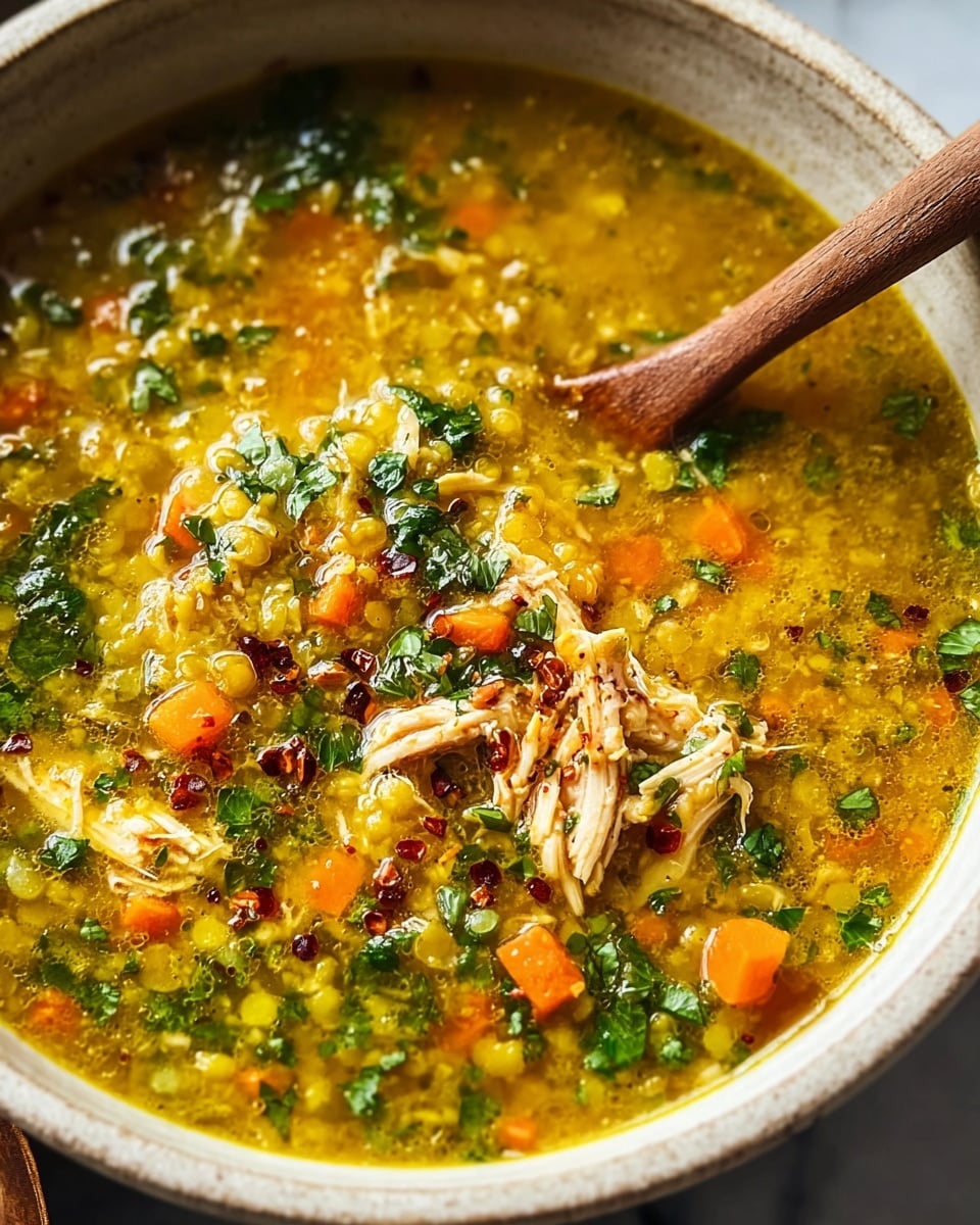 A close-up of a bowl filled with thick yellow-green lentil soup with small orange carrot pieces, bright green chopped herbs, and shredded chicken scattered throughout. The soup has a slightly oily surface with dark red chili flakes sprinkled on top. A wooden spoon is placed inside the bowl, resting on the left side. The bowl is white with a rough textured rim, set on a white marbled surface photo taken with an iphone --ar 4:5 --v 7