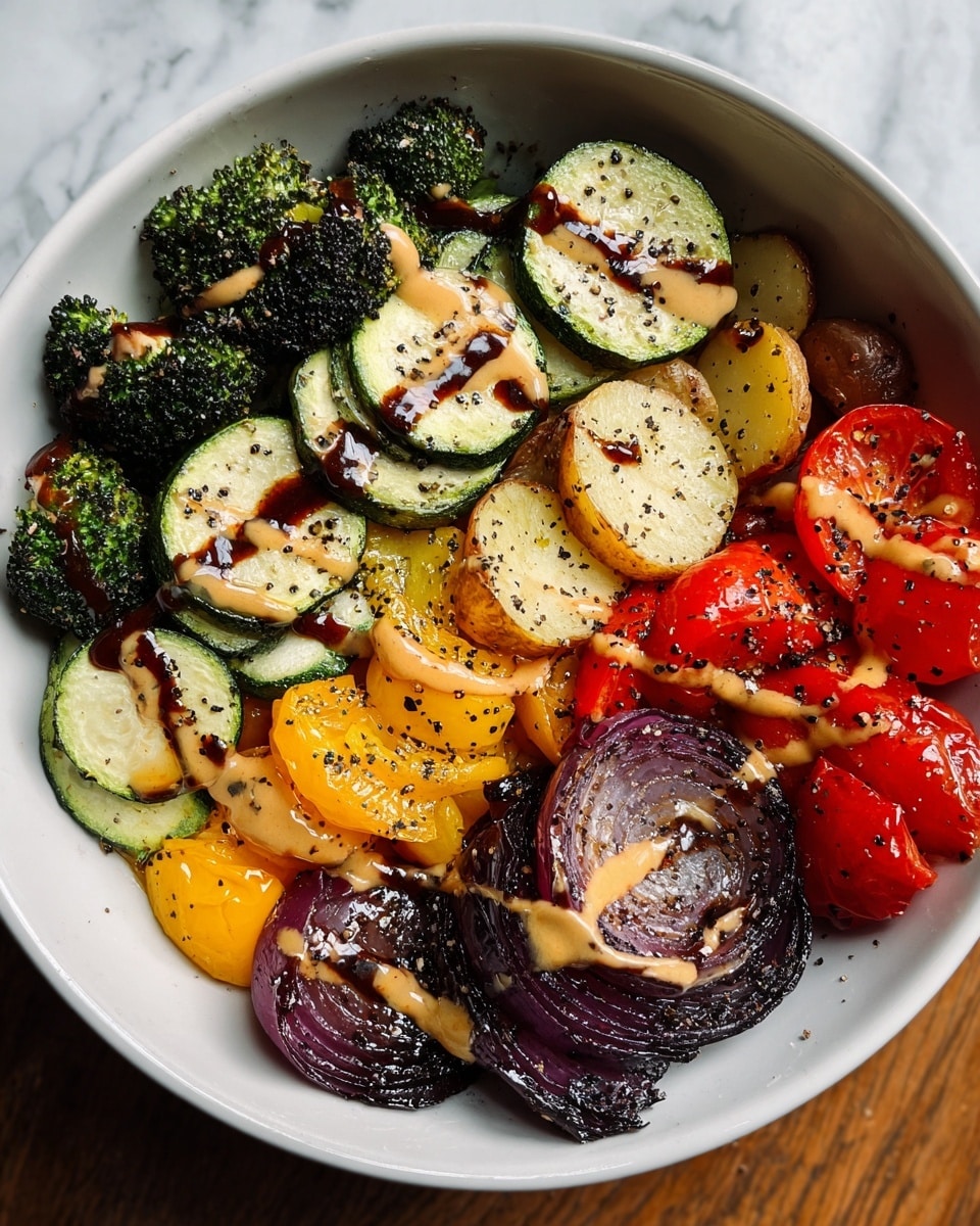 A white bowl filled with six different layers of roasted vegetables arranged in a circular pattern: dark green broccoli florets with a slightly crispy texture, light green round slices of zucchini, pale golden yellow potato slices, bright yellow bell pepper chunks, vibrant red cherry tomatoes halved, and deep purple roasted red onion wedges. The vegetables are drizzled with two sauces, one dark and glossy, the other creamy light brown, and sprinkled with black pepper. The bowl sits on a white marbled surface. photo taken with an iphone --ar 4:5 --v 7