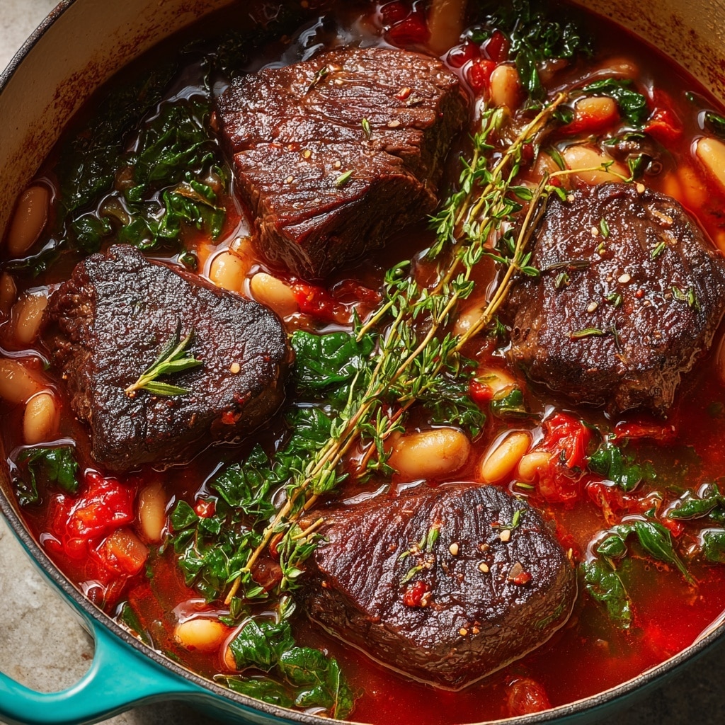 A close-up shows a pot filled with four thick, dark brown seared beef pieces on top. They sit in a rich, red-brown broth mixed with white beans, dark green leafy vegetables, and small red pepper pieces scattered throughout. Fresh green herbs, like sprigs of thyme, lay on top of the beef, adding a fresh touch to the simmering stew. The pot has a turquoise handle, and the dish looks warm and hearty. Photo taken with an iphone --ar 4:5 --v 7