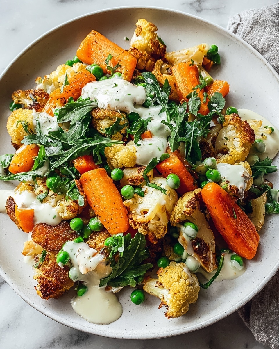 A white plate filled with a colorful mix of roasted vegetables including orange carrot slices, golden-brown cauliflower pieces, and green peas, layered with fresh dark green leafy herbs on top. The vegetables have a slightly crispy texture, and a creamy white sauce is drizzled unevenly over the dish, adding a contrast to the warm colors. The plate is set on a white marbled surface, highlighting the vibrant colors and textures of the food. photo taken with an iphone --ar 4:5 --v 7