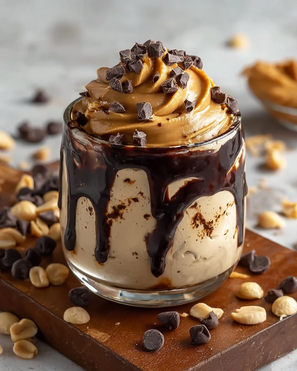 A clear glass cup filled with a creamy light brown peanut butter mousse base, decorated inside with thick, dark brown chocolate sauce dripping down the sides. On top, a large swirl of smooth, light caramel-colored peanut butter cream is piled high, sprinkled with chunks of dark chocolate pieces. The glass is placed on a wooden board scattered with whole peanuts and chocolate chips, with a white marbled texture surface in the background. Photo taken with an iphone --ar 4:5 --v 7