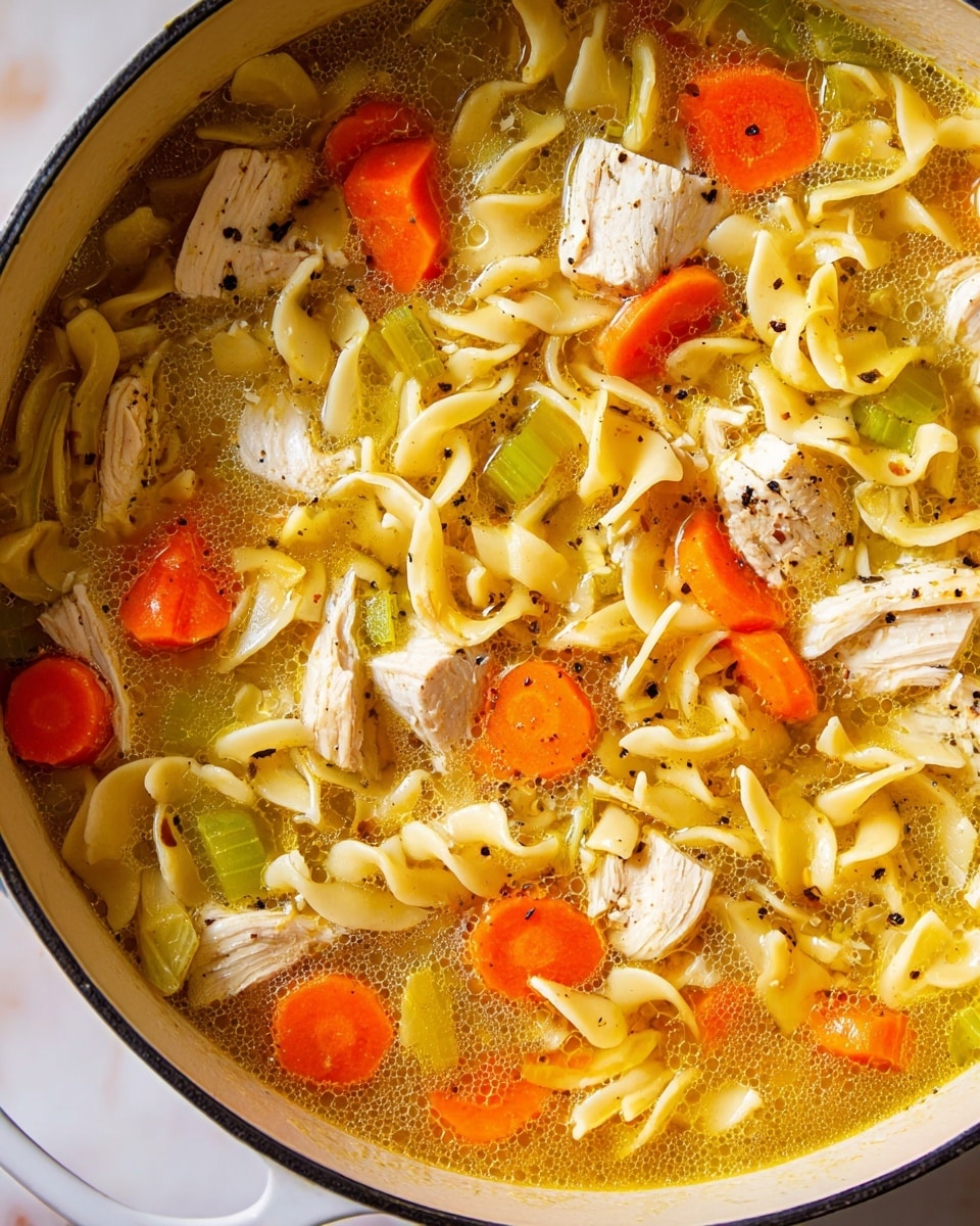 The image shows a close-up of a large white pot filled with chicken noodle soup. The soup has clear golden broth with small droplets of oil and black pepper flakes floating on top. Inside the broth are thick chunks of white cooked chicken, bright orange carrot slices, pale green celery pieces, and pale yellow egg noodles with a ruffled, curly shape. The ingredients are mixed evenly throughout the pot, with the carrots and celery adding color contrast against the creamy chicken and noodles. The pot is placed on a white marbled surface. Photo taken with an iphone --ar 4:5 --v 7