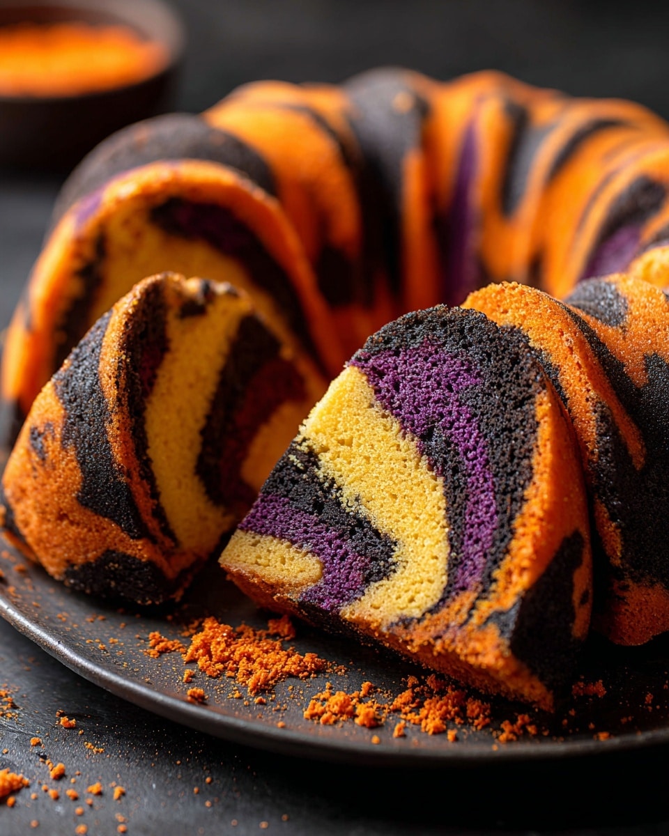 A round bundt cake with many slices showing bright layers of orange, black, yellow, and purple swirled together in a smooth, soft texture, with the colors mixed inside the cake making a marble-like effect. The cake sits on a dark round plate against a blurred background, revealing the moist and spongy layers clearly, with orange crumbs scattered around. Photo taken with an iphone --ar 4:5 --v 7