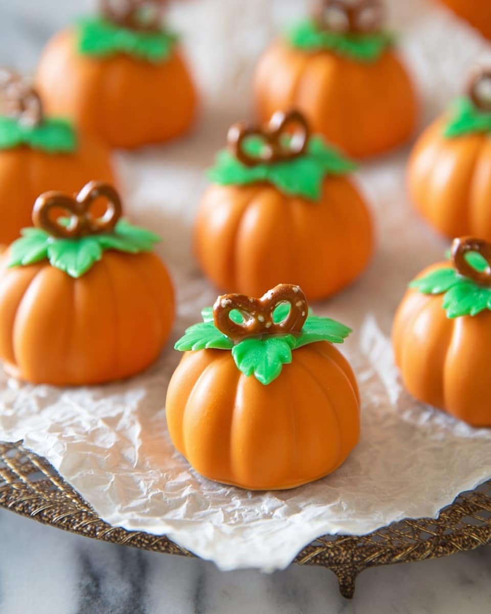 The image shows several small pumpkin-shaped treats placed on crinkled white parchment paper over a wire rack. Each treat has a smooth, bright orange outer layer shaped like a pumpkin with subtle vertical ridges. On top of each pumpkin is a small, shiny pretzel piece standing upright as a stem, accompanied by a green, leaf-shaped decoration made from glossy icing. The background shows more similar pumpkin treats softly out of focus, all set on a white marbled surface. photo taken with an iphone --ar 4:5 --v 7