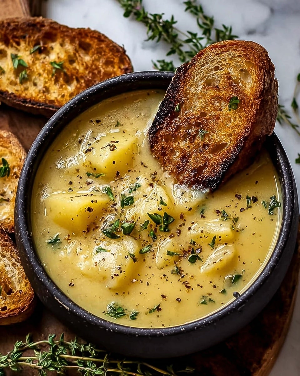 A close-up view of a thick, creamy potato soup in a dark brown bowl filled almost to the top, showing chunky yellow potato pieces in the light beige broth speckled with green herbs and black pepper. A toasted slice of bread with a golden-brown charred edge is placed gently on the side inside the bowl, slightly dipped in the soup. The bowl sits on a wooden surface with more toasted bread slices and fresh green herb sprigs around it. photo taken with an iphone --ar 4:5 --v 7