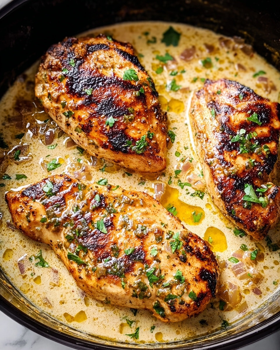 A close-up view of three golden-brown grilled chicken breasts with charred edges, placed in a smooth creamy sauce with yellow oil spots and small diced onions, all sprinkled with fresh green chopped herbs. The chicken pieces sit in a shallow black cooking dish, surrounded by the rich sauce that has a slightly thick texture. The background is a white marbled surface, softly reflecting light. photo taken with an iphone --ar 4:5 --v 7
