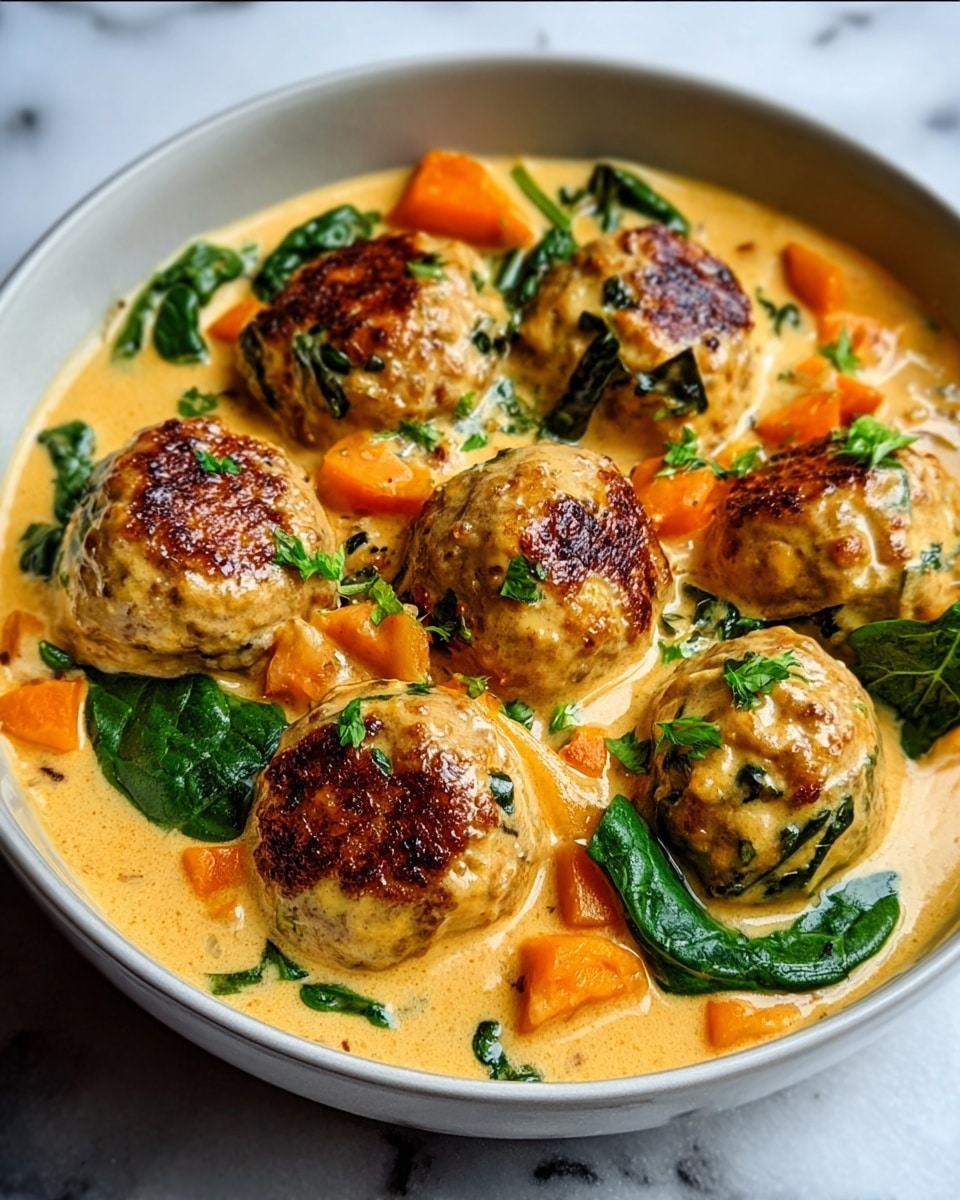 The image shows a bowl filled with creamy light orange sauce with green herbs mixed in, holding seven large, round meatballs that are browned on top. Inside the sauce and around the meatballs, there are chunks of orange carrots and fresh green spinach leaves, adding color and texture. The bowl is white and set on a white marbled surface. The sauce looks smooth and thick, coating the meatballs and vegetables evenly, creating a rich, inviting dish. photo taken with an iphone --ar 4:5 --v 7