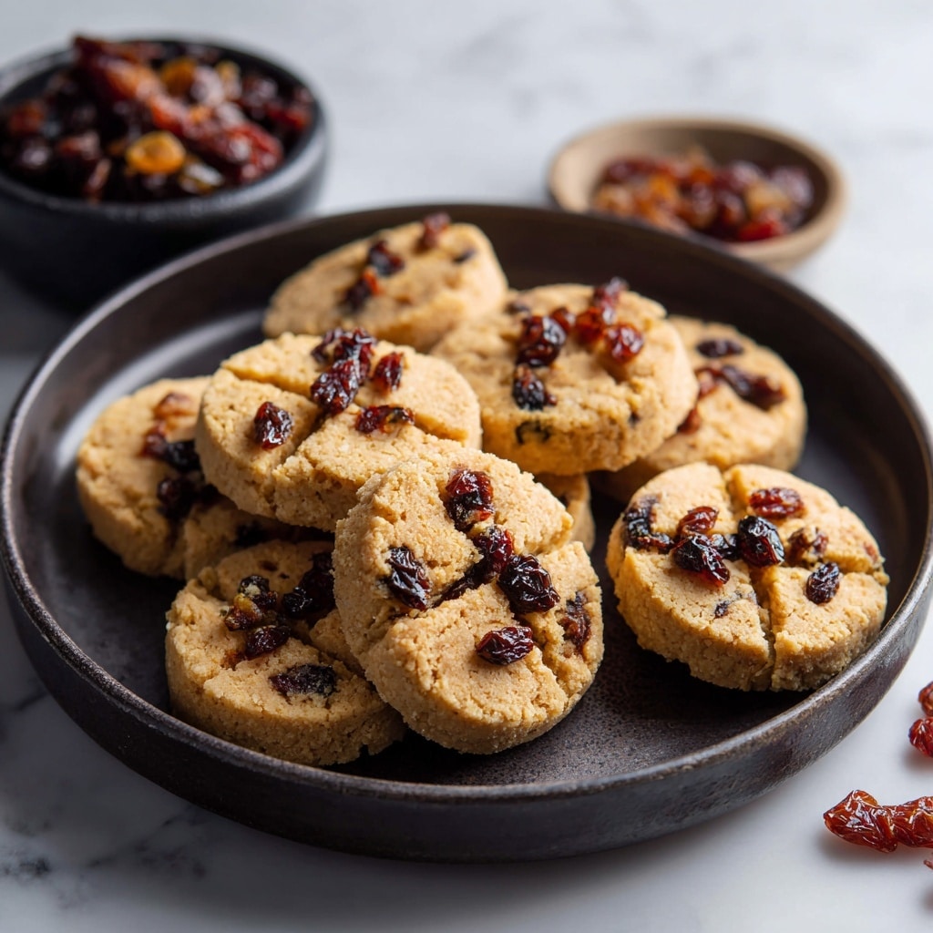 A dark round tray holds about ten light brown cookies with small dark spots of raisins or dried fruit scattered inside each cookie. Each cookie is round and divided visually into four sections by two shallow lines forming a cross, creating a simple texture on the surface. To the side of the cookies, there is a small black bowl filled with extra dried fruit. The tray sits on a white marbled textured surface. photo taken with an iphone --ar 4:5 --v 7