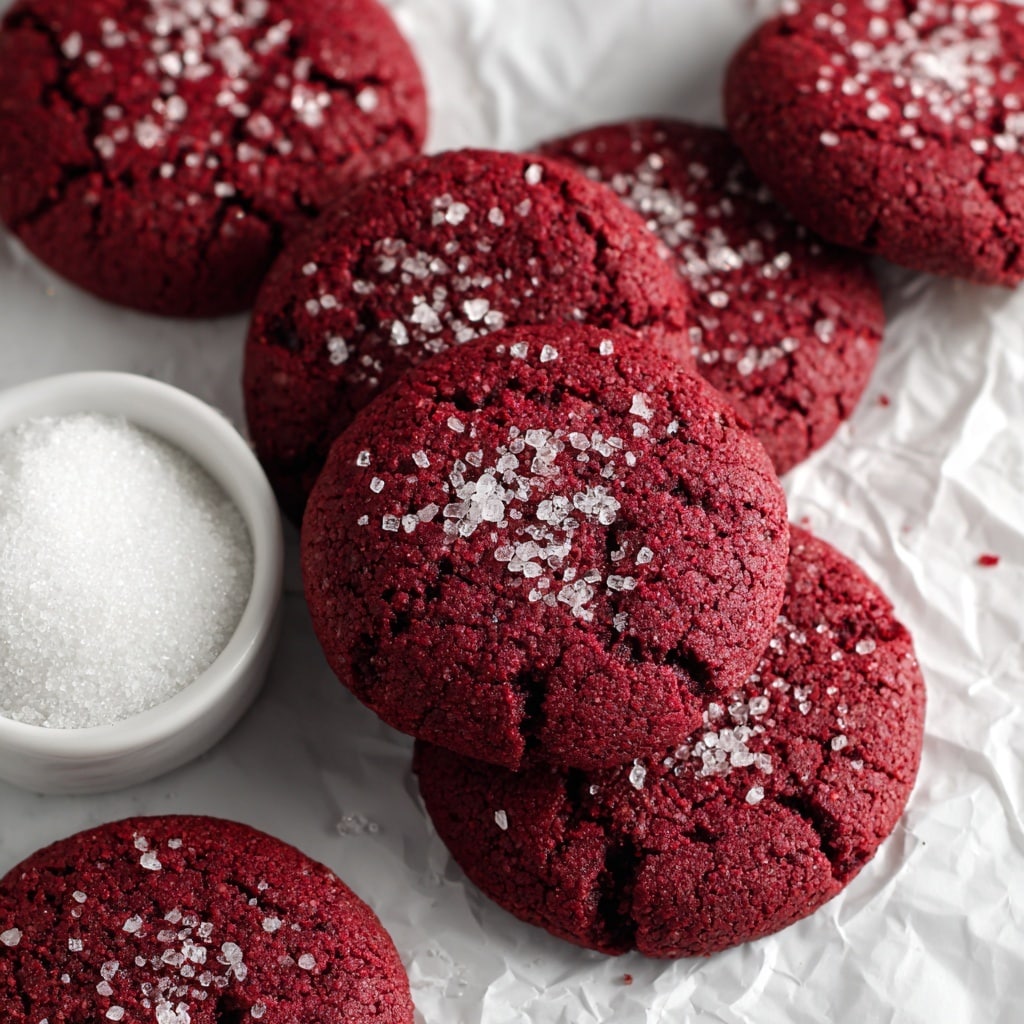 The image shows five round, deep red cookies with a slightly cracked surface texture, arranged on white crumpled parchment paper over a white marbled background. Each cookie is topped with scattered coarse white sugar crystals that add a shiny contrast to the rich red color. One cookie is centered prominently in the middle, showing its full shape, while the others are partially visible around the edges. In the lower left corner, a small gray bowl filled with the same coarse white sugar is partially included, adding a simple visual complement. The whole scene is brightly lit, highlighting the texture and sugar sparkle. photo taken with an iphone --ar 4:5 --v 7