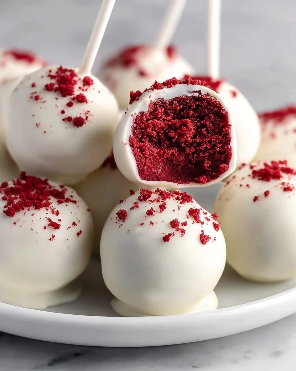 A close-up shot of several round cake pops arranged on a white plate with a white marbled background. Each pop is covered in a smooth, glossy white coating with a few scattered red cake crumbs on top. One cake pop is bitten into, revealing a rich, moist, deep red interior with a crumbly texture inside. The bitten pop is held by a white stick, showing the contrast between the bright red cake center and the white outer layer. photo taken with an iphone --ar 4:5 --v 7