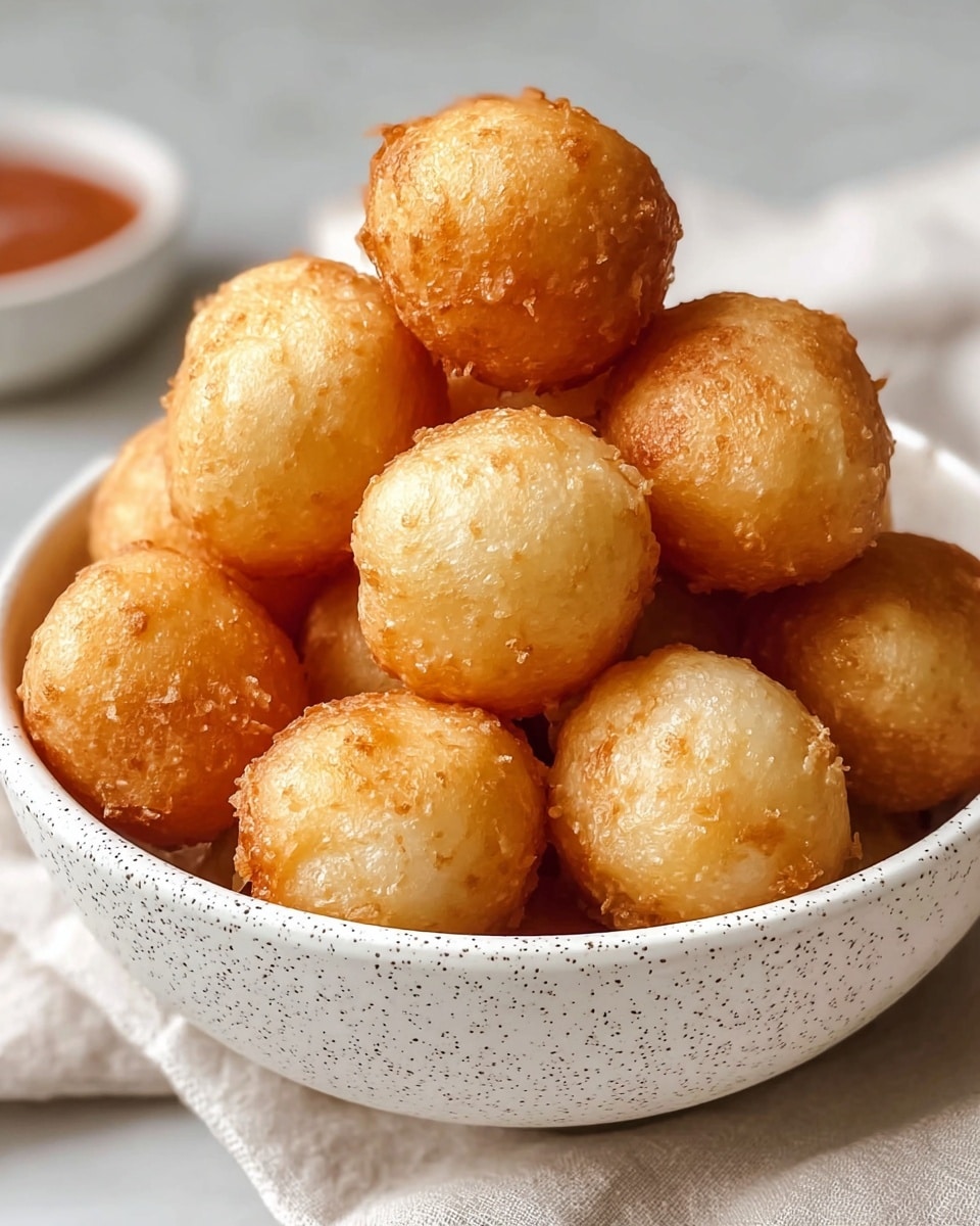 A white speckled bowl filled with about twenty small golden-brown fried dough balls, each with a crispy and slightly rough texture around their rounded shapes, piled closely together forming a small mound in the center of the bowl, set on a white marbled surface with a soft natural light highlighting their shiny, golden crust. photo taken with an iphone --ar 4:5 --v 7