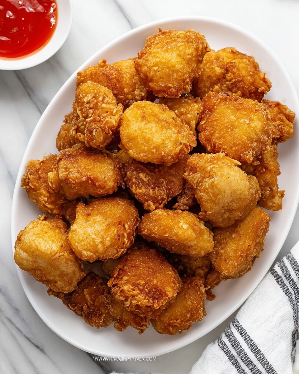 A white oval plate filled with golden-brown fried chicken pieces, each piece roughly round or irregular in shape with a crispy, crunchy texture visible on the surface; the chicken pieces are piled high, showing varied shades of golden and light brown in their fried coating. The plate is set on a white marbled surface, with a small bowl of bright red sauce partially visible in the lower left corner and a folded white cloth with black stripes in the upper right corner. photo taken with an iphone --ar 4:5 --v 7