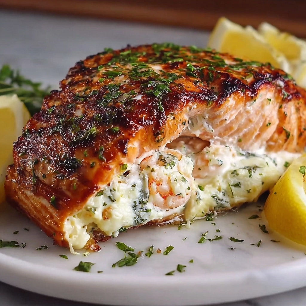 A thick piece of cooked salmon forms the base layer, showing a golden-brown crust with green herb specks on its surface. Inside, there is a visible thick layer of creamy white filling mixed with green herbs, giving it a soft texture. On top of the salmon, several small cooked shrimp with a light orange color are arranged, adding a layered effect. To the sides, slices of bright yellow lemon and some green parsley add color accents. The dish is placed on a wooden board with a soft white marbled texture background. photo taken with an iphone --ar 4:5 --v 7