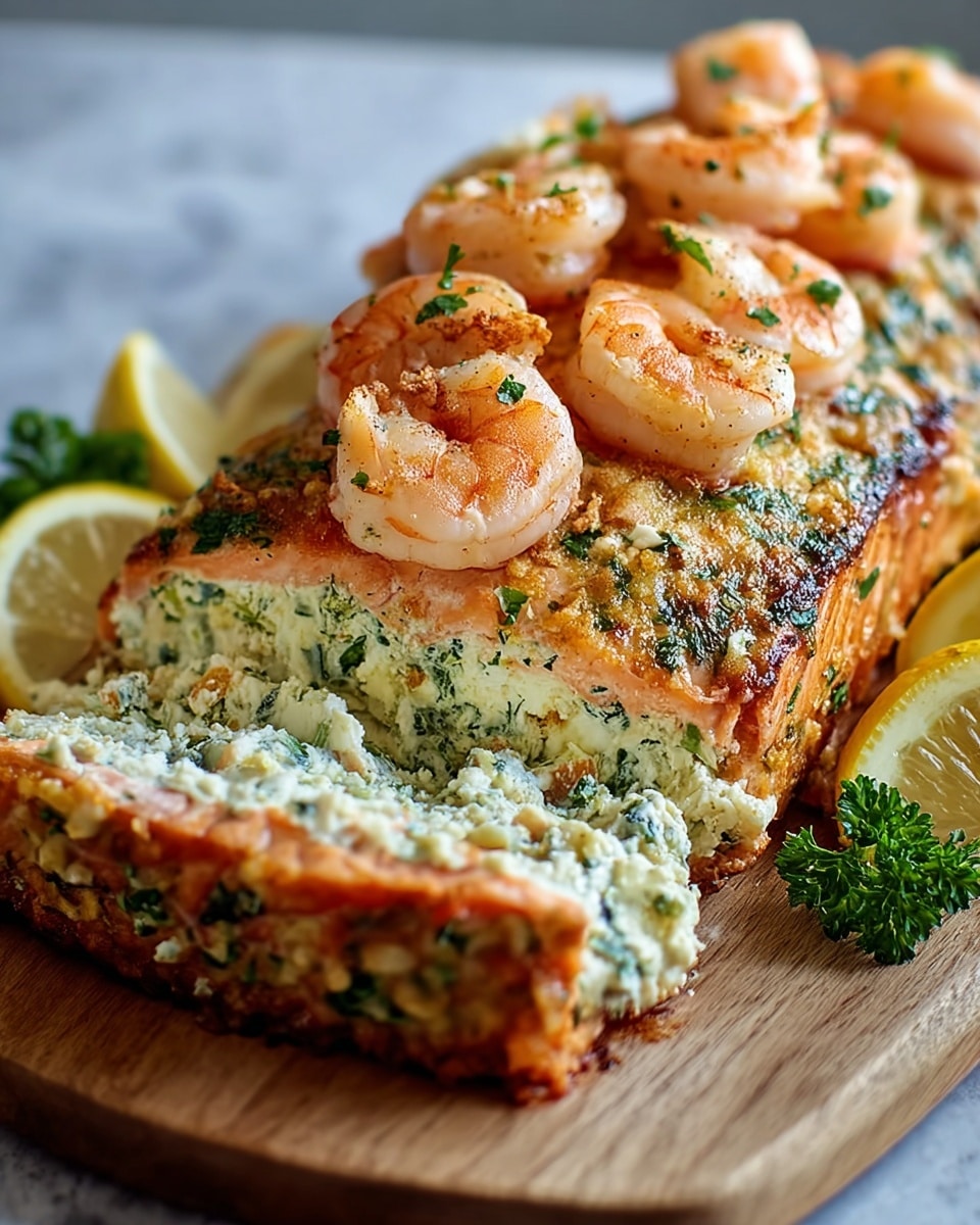 The dish shows a rolled salmon fillet cooked to a golden brown with a slightly crispy outer layer, garnished with chopped green herbs. Inside, there are three cooked shrimp sitting on a creamy white stuffing mixed with finely chopped herbs, adding texture and color contrast. The slice displaying the filling reveals the layers clearly: the salmon outer layer, a thick herb cream filling, and plump orange shrimp embedded within. Two lemon wedges, pale yellow with a moist texture, are placed on the side of the white plate, which rests on a white marbled surface. Photo taken with an iphone --ar 4:5 --v 7